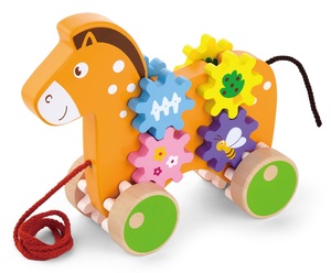 צעצוע משיכה מעץ עם גלגלי שיניים על גלגלים לעידוד זחילה והליכה - סוס