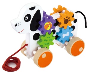צעצעוע משיכה מעץ עם גלגלי שיניים על גלגלים לעידוד זחילה והליכה - כלב