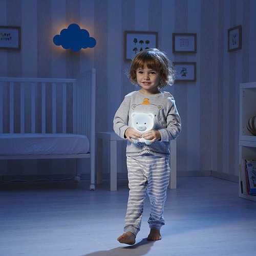 מנורת לילה מאירה ומנגנת עם מנגנון הפעלה בניעור - דובי ורוד