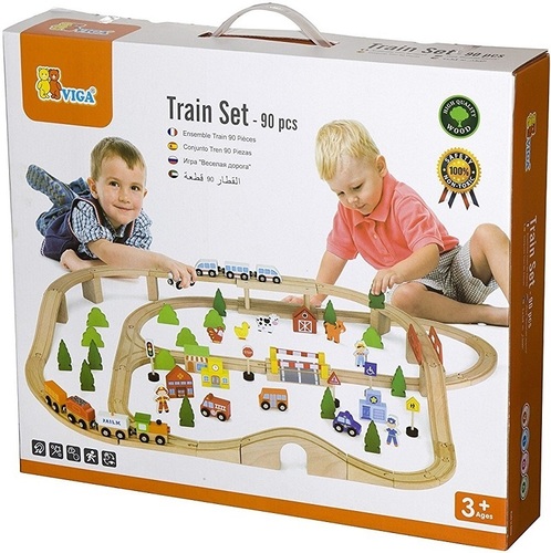 סט רכבת משחק ענק מעץ 90 חלקים