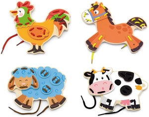 סט השחלת שרוכים - 4 חיות חווה מעץ