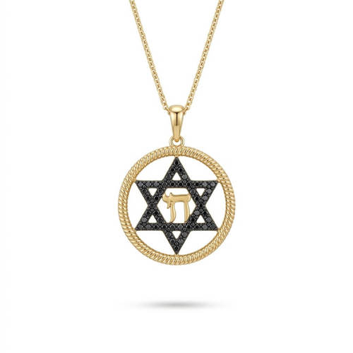שרשרת ותליון מגן דוד וחי יהלומים שחורים  זהב 14K