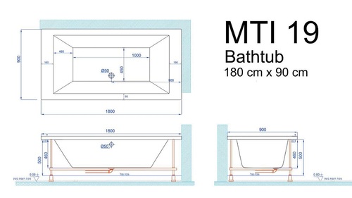 אמבטיה אקרילית מלבנית חברת MTI 19 מידה 180X90 סמ