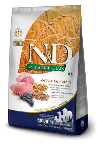 N&amp;D בוגר כבש ואוכמניות מופחת דגנים 12 ק&quot;ג