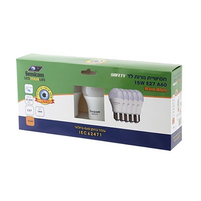 חמש נורות לד אור לבן/צהוב 15W E27 A60 SAFETY