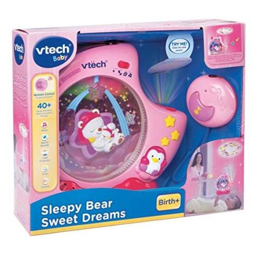 מקרן לתינוק משולב מנורת לילה עם שלט לילה דוב - ורוד