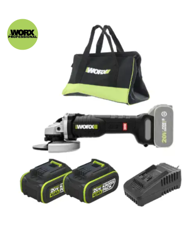 משחזת זווית נטענת WORX BRUSHLESS 20V 4.5 WU809.9 [ 2 סוללות + מטען ]