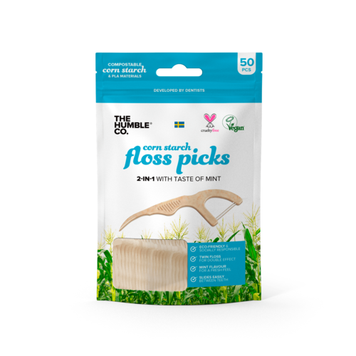 קיסם וחוט דנטלי עם ידית מתכלה 50 יחידות האמבל Dentle Floss with Biodegradable Handle 50ea Humble