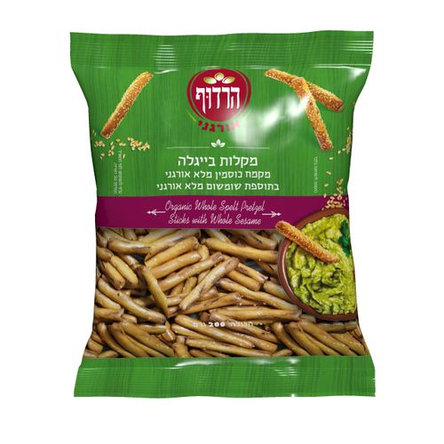 מקלות בייגלה כמקמח כוסמין מלא אורגני בתוספת שומשום אורגני 200 גרם הרדוף Organic Whole Spelt Pretzel Sticks with Sesame Seeds 200gr Harduf