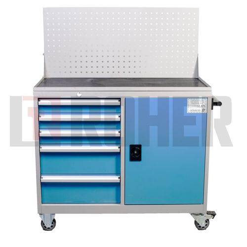 עגלת כלים משולבת 5 מגירות+ארון צבע אפור חזית מגירות בכחול. מקצועית