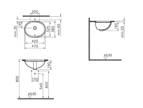 כיור רחצה ויטרה התקנה תחתונה 47X38 סמ דגם 6039