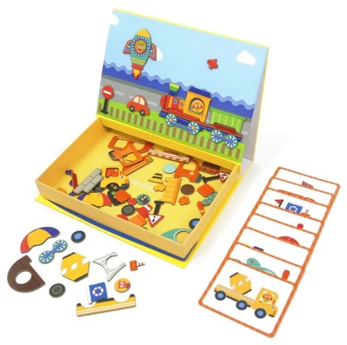 מארז יצירה במגנטים 57 חלקים, 8 כרטיסיות ומארקר מחיק - כלי רכב