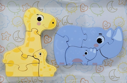 זוג פאזלי הרכבה מעץ 5 חלקים 2X הורים וגורים - קרנף וג'ירף