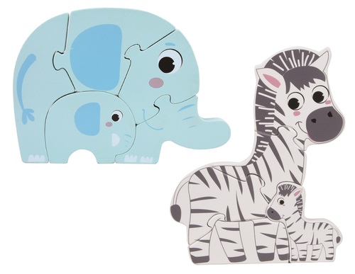 זוג פאזלי הרכבה מעץ 5 חלקים 2X הורים וגורים - פיל וזברה