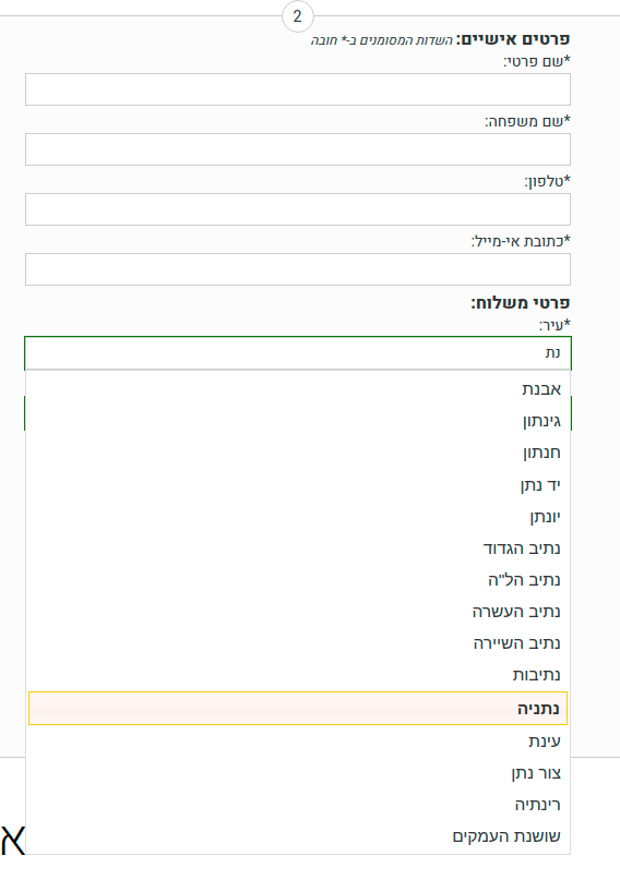 השלמה אוטומטית לשדה עיר ושדה רחוב בדף העגלה