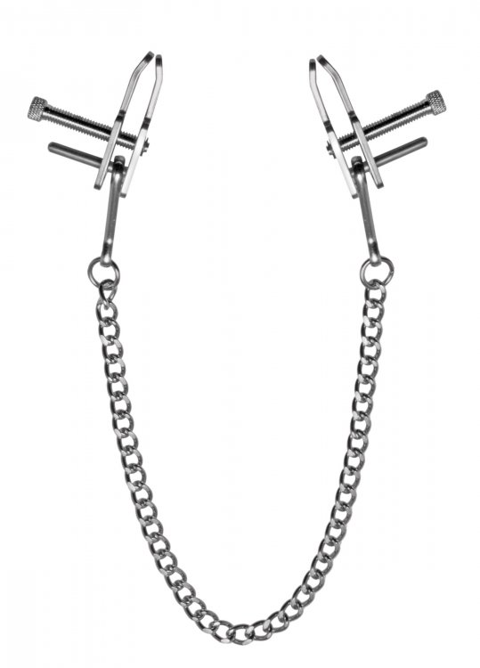 מצבטי פטמות מתכווננות עם שרשרת מתכת XR BRANDS - Kneel Nose to Genitals Kneeling Clamps