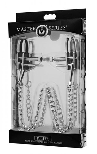 מצבטי פטמות מתכווננות עם שרשרת מתכת XR BRANDS - Kneel Nose to Genitals Kneeling Clamps