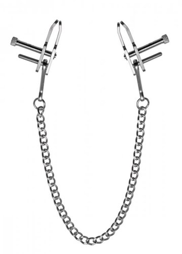 מצבטי פטמות מתכווננות עם שרשרת מתכת XR BRANDS - Kneel Nose to Genitals Kneeling Clamps