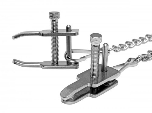 מצבטי פטמות מתכווננות עם שרשרת מתכת XR BRANDS - Kneel Nose to Genitals Kneeling Clamps