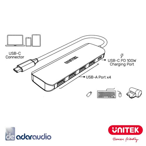 רכזת USB 3.1 עם 4 פורטים  Unitek HUB P5+  PD 100W