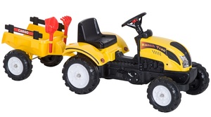 טרקטור פדלים לילדים עם עגלה מתחברת ו 2 כלי חפירה - צהוב