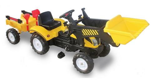 טרקטור פדלים לילדים עם כף קדמית עולה ויורדת ועגלה מתחברת ו 2 כלי חפירה - צהוב
