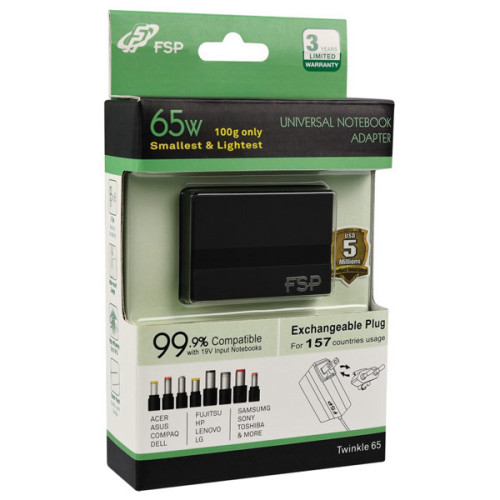 מטען אוניברסלי למחשב נייד FSP Notebook Universal Adapter 65W Twinkle