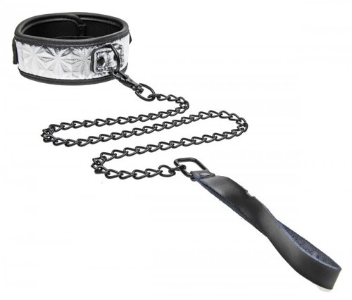 קולר פלטיניום עם שרשרת לצווארון XR Brands - Platinum Bound Chained Collar with Leash 