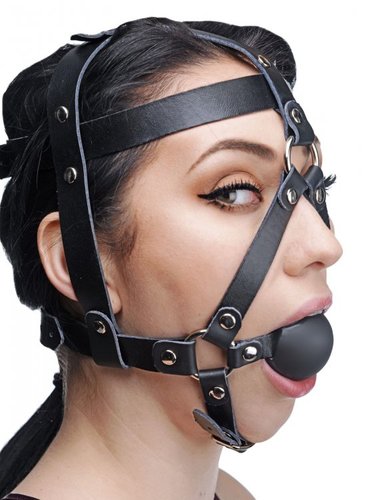 רתמת ראש עור עם מחסום לפה גאג בול XR Brands - Leather Head Harness with Ball Gag 
