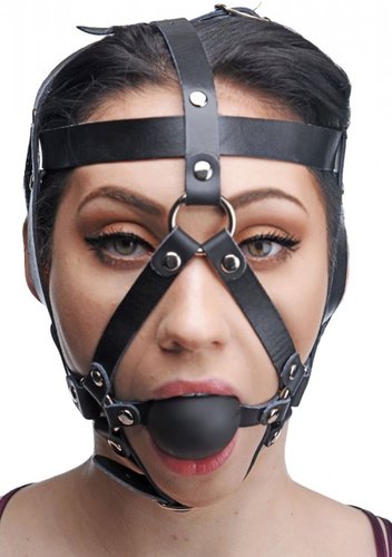 רתמת ראש עור עם מחסום לפה גאג בול XR Brands - Leather Head Harness with Ball Gag 