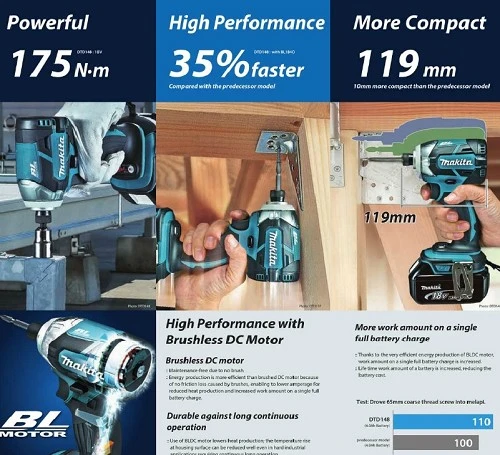 מברגת אימפקט נטענת בראשלס + 2 סוללות MAKITA DTD154RME BL 18V 4Ah