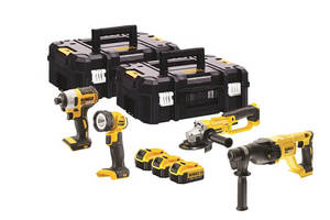 סט נטען 18V מברגת אימפקט + משחזת זווית+  פטישון + פנס נטען + 3 סוללות 5 אמפר DeWELT DCK404P3T