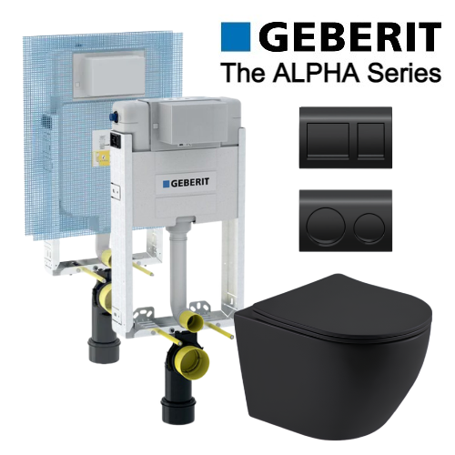 GEBERIT ALPHA | ניאגרה סמויה גבריט לקיר בלוקים | הסט השחור | כולל אסלה תלויה רימלס + מושב אסלה + לחצן |