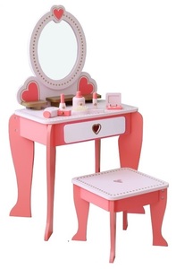 סט שידת נופר איפור לילדים עם שרפרף, מראה ו 6 אביזרי משחק מעץ - ורוד