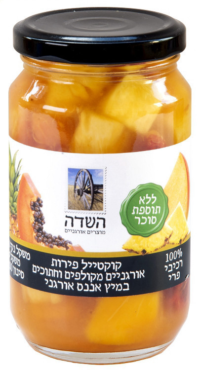 קוקטייל פירות אורגניים מקולפים וחתוכים במיץ אננס אורגני