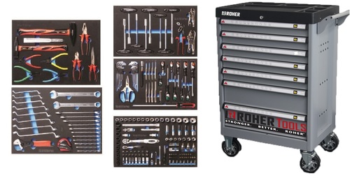 עגלת כלים 7 מגירות אפור מזוודת 198 חלקים