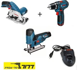 סט נטען 12V מסור אנכי נטען + מברגה/מקדחה + מסור עגול + 2 סוללות BOSCH 15990G07 2Ah 