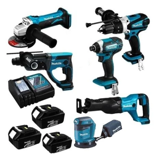 סט נטען 18V אימפקט + מברגה רוטטת + פטישון + מלטשת + משחזת + מסור חרב + 3 סוללות MAKITA DLX6099MX1 6Ah