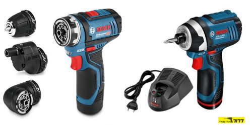 סט נטען 12V אימפקט + מברגה מודולרית + 2 סוללות BOSCH GB2+FC2 12V LI 2Ah