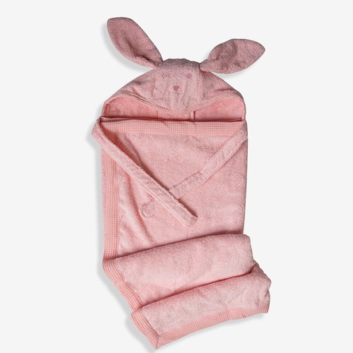 מגבת חיבוקי - מגבת רחצה לתינוק עם קפוצ'ון ואוזניים 100% כותנה - ורוד בהיר