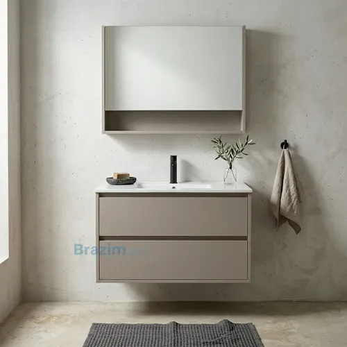 ארון אמבטיה תלוי אדמונית MDF אפור-בז' עם שתי מגירות וכיור אינטגרלי לבן