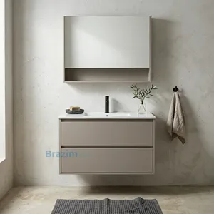 ארון תלוי MDF אדמונית 2 מגירות וכיור אינטגרלי מודרני