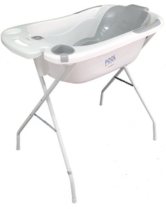 אמבטיה לתינוק POOL עם מעמד מתקפל, מד טמפרטורה, מושב פנימי ומד חום - לבן/אפור