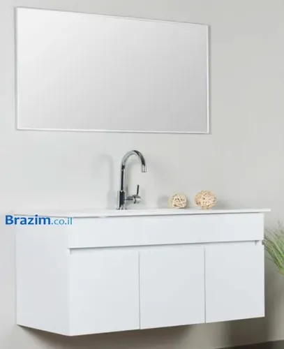שקד ארון אמבטיה מבית סבח עם כיור משטח חרס ומראה מסגרת אלומיניום, זמין במידות 60 ס