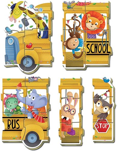 5 פאזלים אוטובוס החיות 3-5 חלקים שהופכים לפאזל גדול 19 חלקים