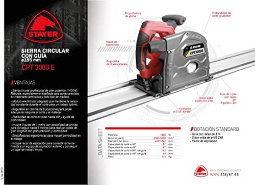 מסור עגול 185 מ”מ + מסילה באורך 3 מטר STAYER