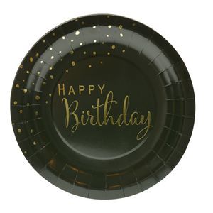 צלחות נייר 23 ס"מ Happy Birthday  שחור זהב 8 יחידות