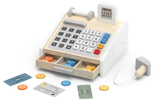 קופה רושמת עשויה עץ מלא עם מגירת כסף, מקשים ו 11 אביזרים