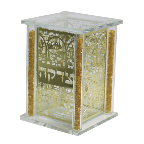 קופת צדקה שקופה מקריסטל עם פלקטות זהב