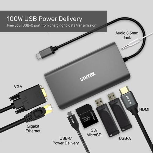 Unitek uHUB O8+ 8-in-1 USB3.1 Type-C Hub with Power Delivery 100W D1019A